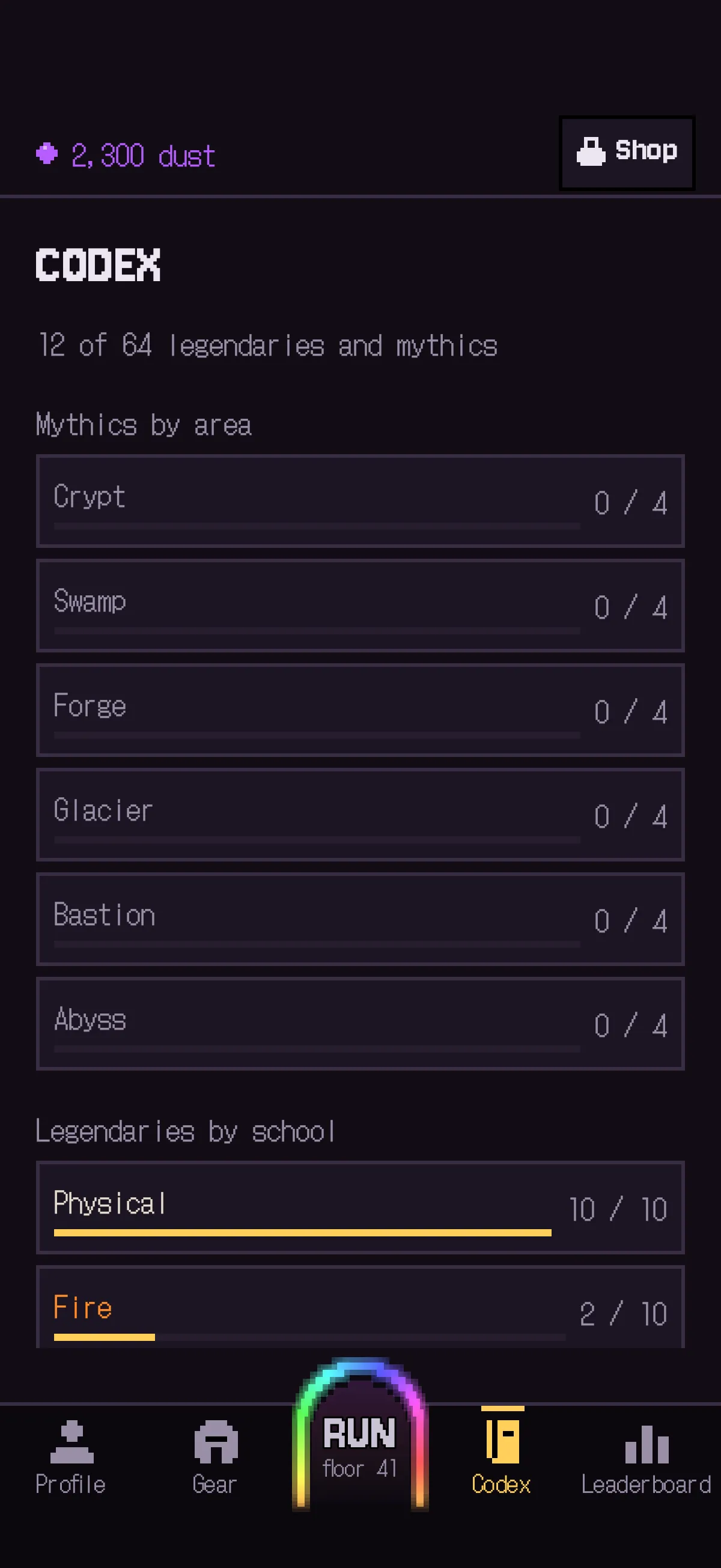 The codex: legendary and mythic items collected and still missing, by scenario and school.
