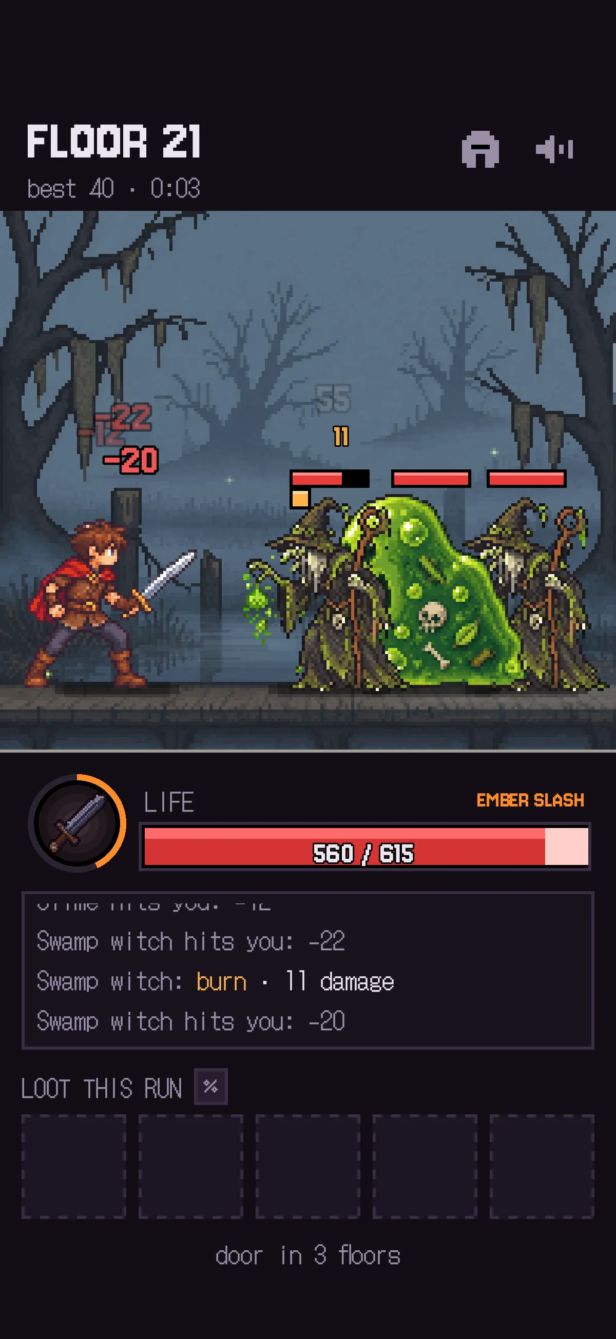 Floor 21: the hero fights three skeletons. Below, the health bar, the weapon skill and the combat log.