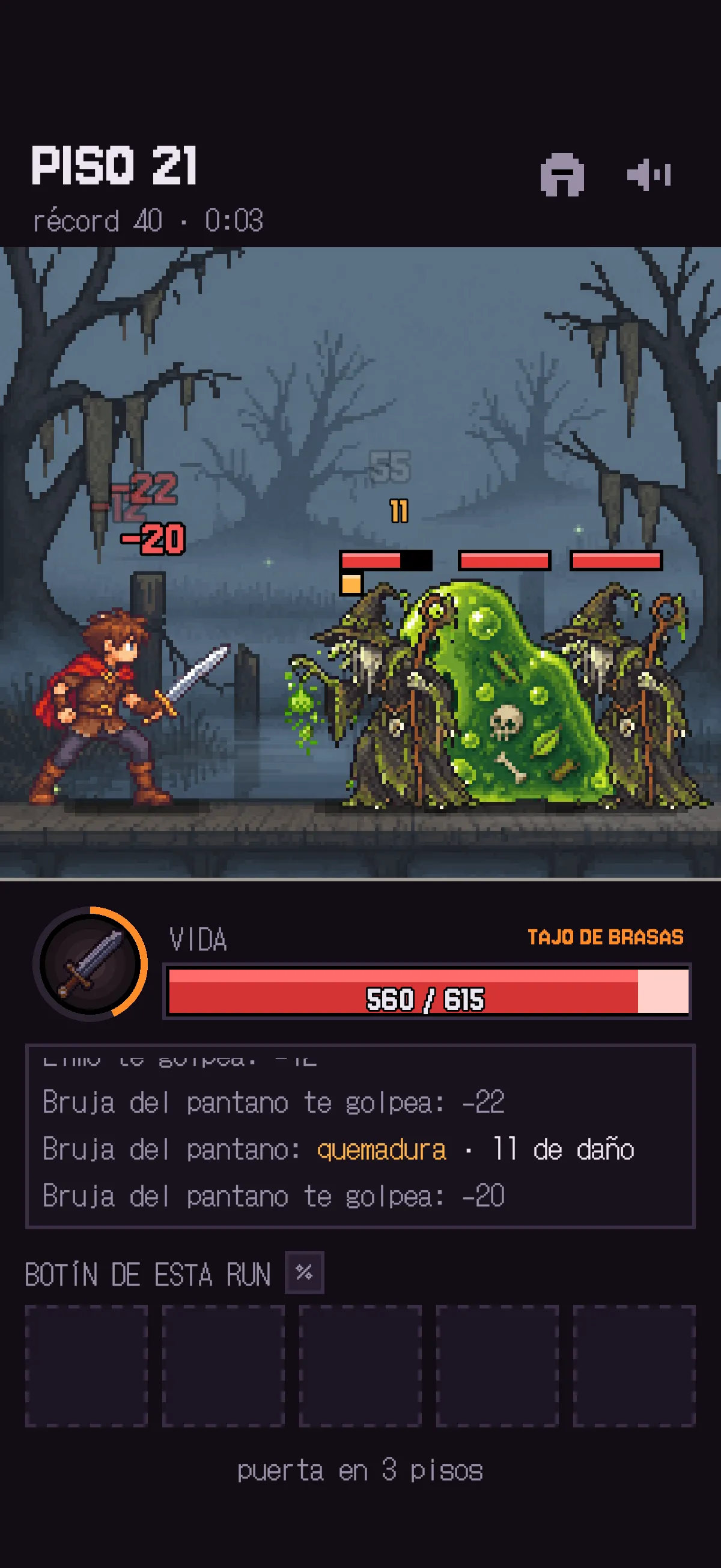 Piso 21: el héroe pelea contra tres esqueletos. Debajo, la vida, la habilidad del arma y el registro del combate.