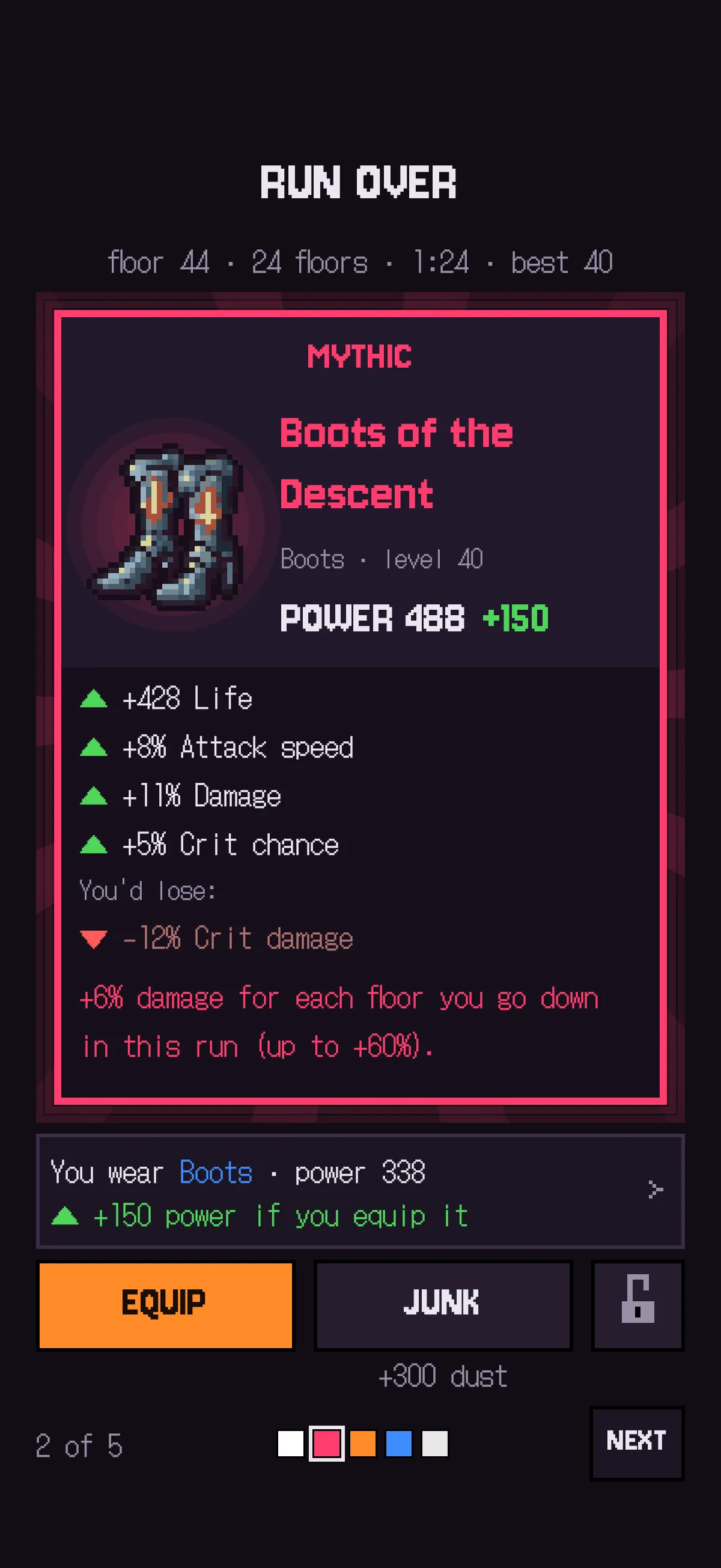 Card of the mythic item “Boots of the Descent” with its affixes and a comparison with what the hero wears.