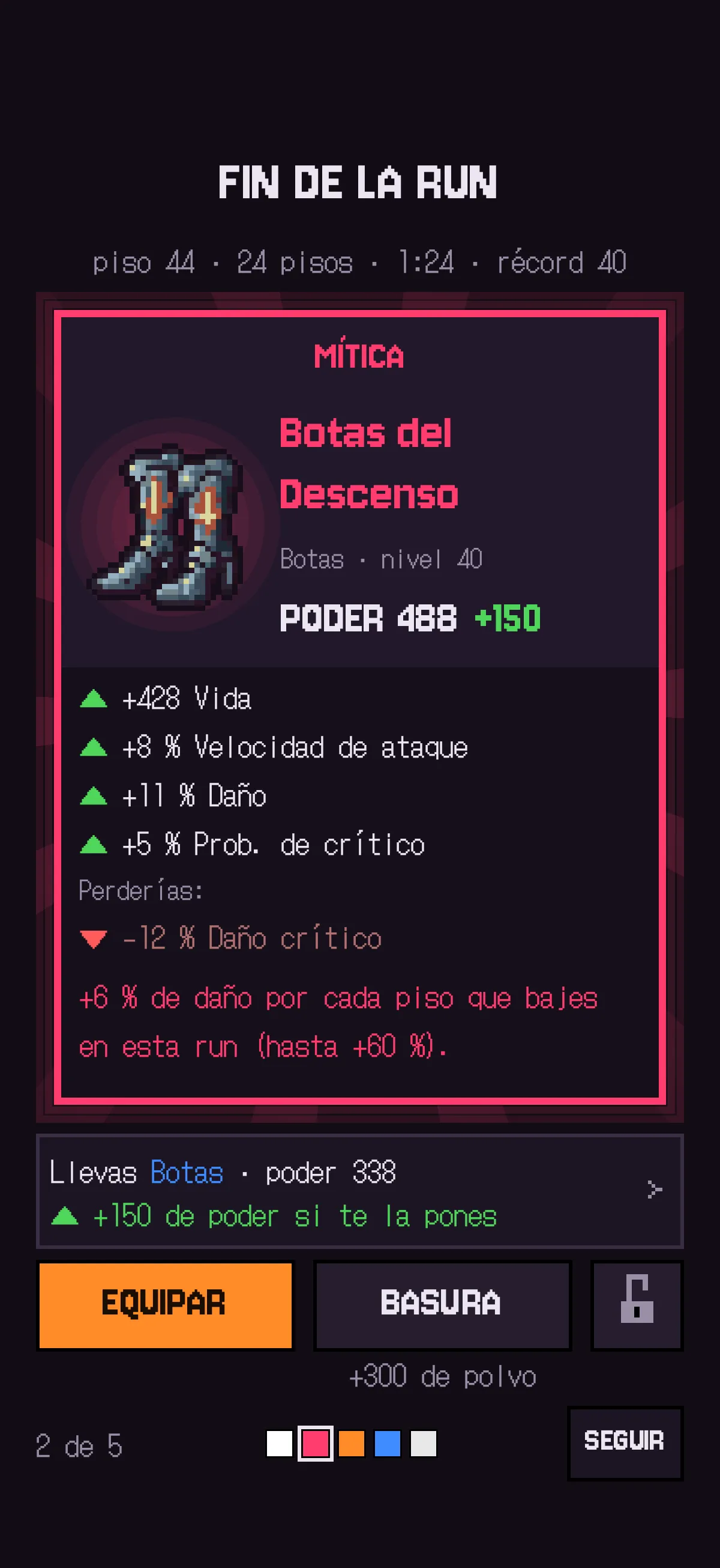 Carta de la pieza mítica «Botas del Descenso» con sus afijos y la comparación con lo que lleva el héroe.