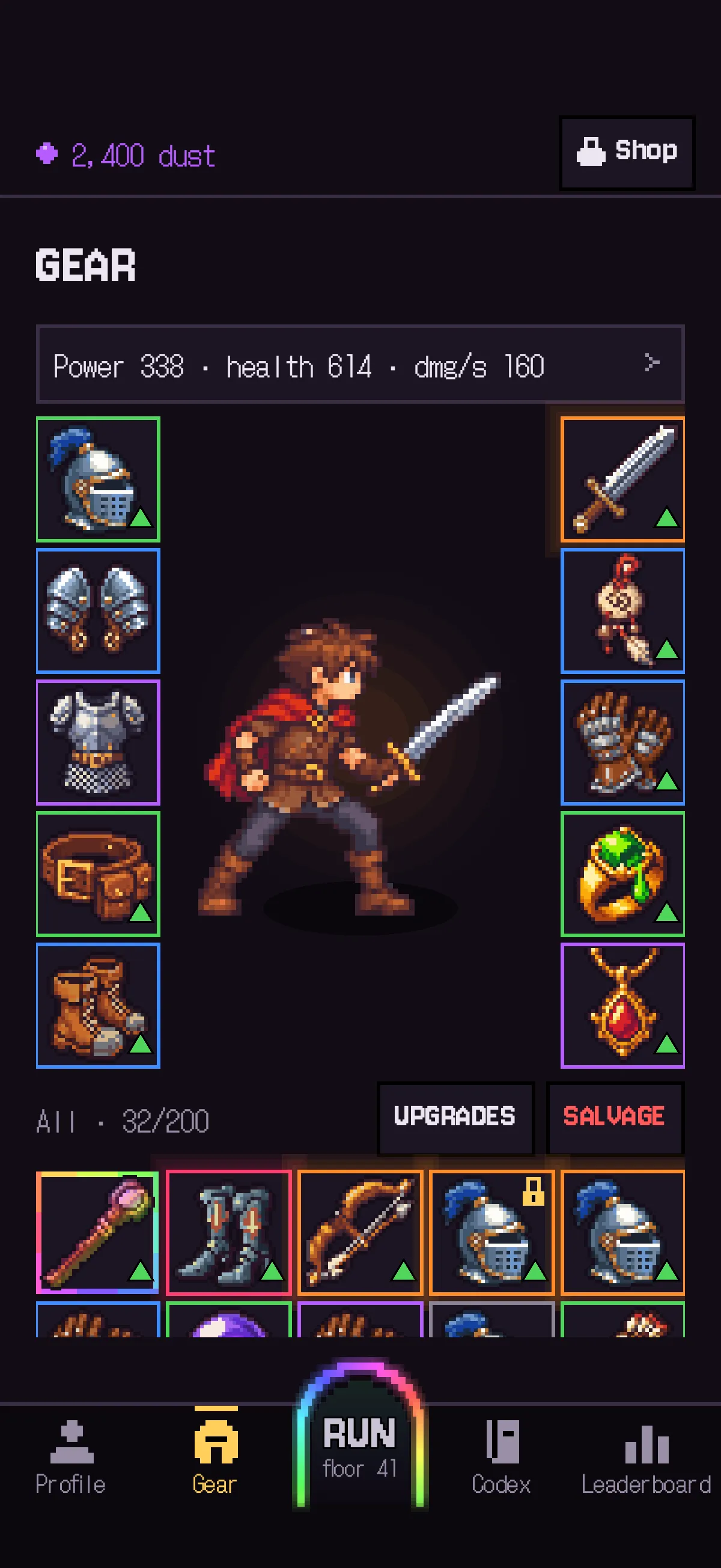 The hero with ten gear slots on both sides and, below, the rest of the items sorted.
