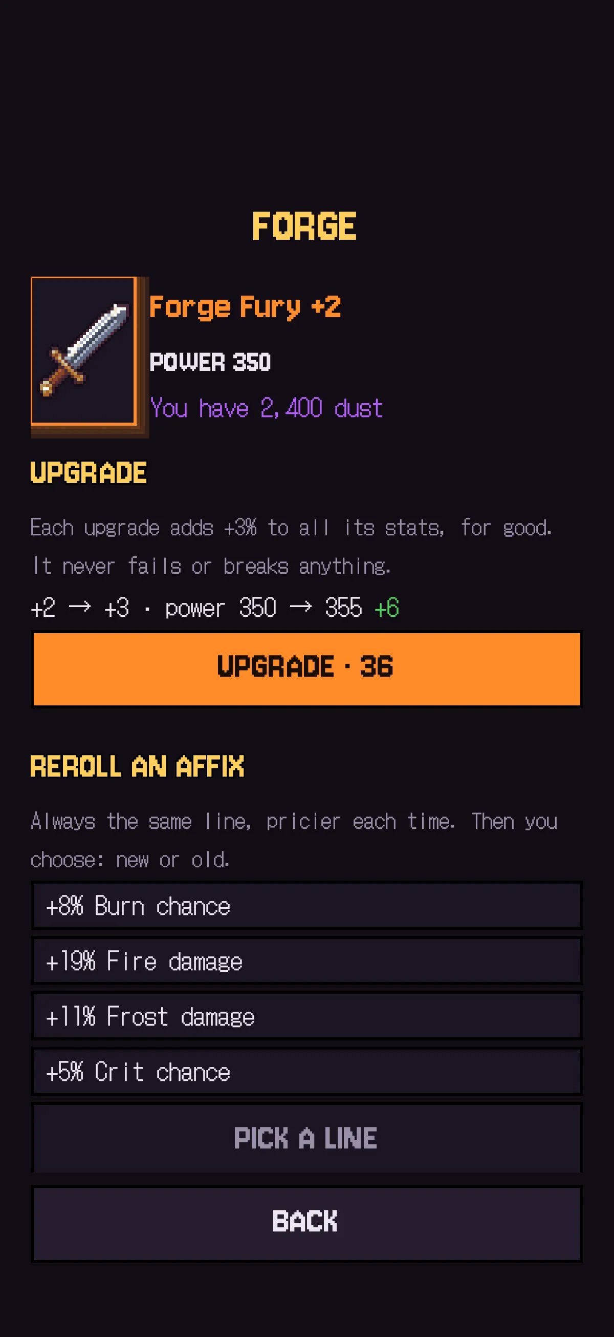 Forge screen: upgrade an item or reroll an affix.